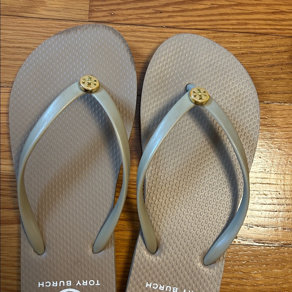 Tory Burch Taupe Flip Flop Sandals with Gold Logo Medallions - Picture 6 of 7